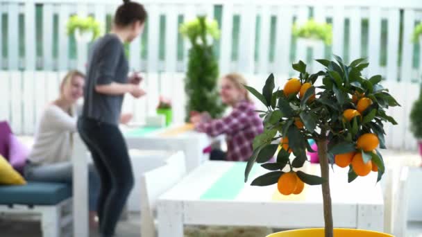 Jonge serveerster serveren voor twee dames in het restaurant — Stockvideo