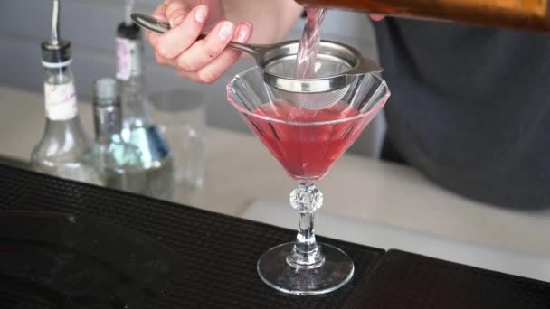 Close-up van barman fruit cocktail maken op de balk — Stockvideo