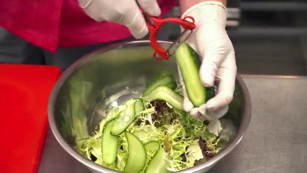 Närbild av kocken att göra fisk sallad på köket — Stockvideo