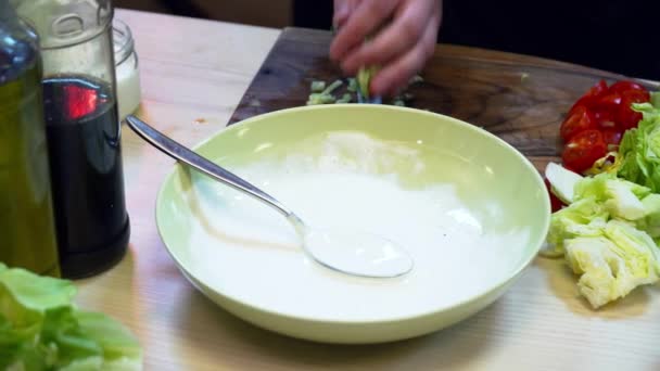 Крупним планом шеф-кухар, який робить смачний білий соус в мисці — стокове відео