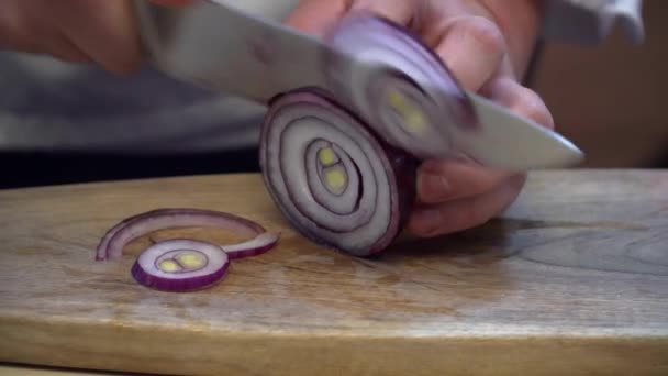 Chef rebanando cebolla y colocando a la hamburguesa — Vídeo de stock