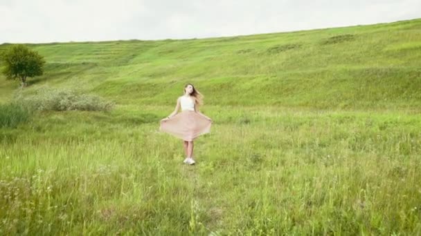 若くてきれいな女性と花の牧草地 — ストック動画