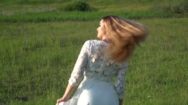 Piękna młoda kobieta, grając z włosów na łące zwolnionym tempie — Wideo stockowe