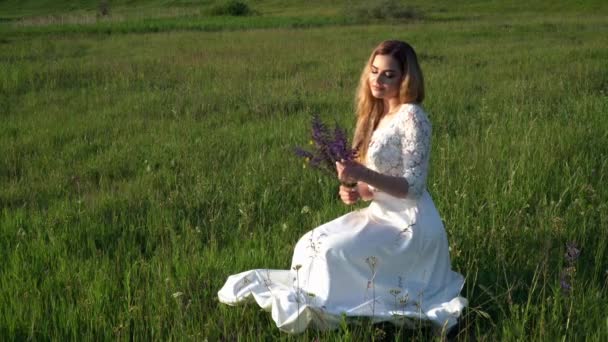 Schöne junge Frau sitzt auf der Wiese mit Blumen im Sonnenuntergang — Stockvideo