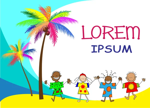 Çocuk tatil palmiye ağaçları, dans, gülümsüyor, çocuk illüstrasyon altında.