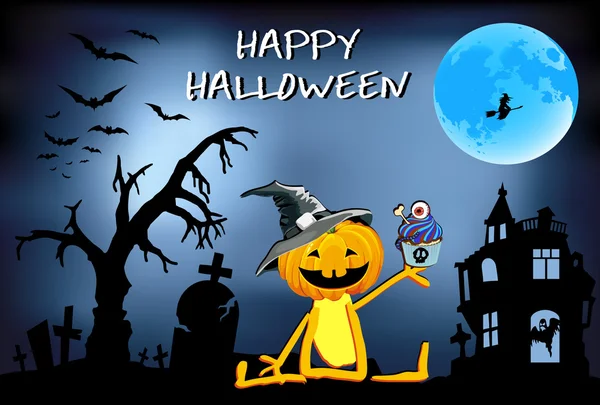 Mutlu Cadılar Bayramı, kabak komik şapka, çocuk illüstrasyon mavi bir arka plan üzerinde.