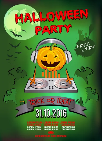 Invitation à une fête d'Halloween, drôle de citrouille dans les écouteurs, illustration . Vecteurs De Stock Libres De Droits
