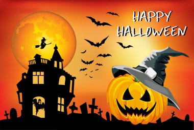 Cadılar Bayramı Balkabağı şapkalı, turuncu bir arka plan üzerinde çocuk illüstrasyon