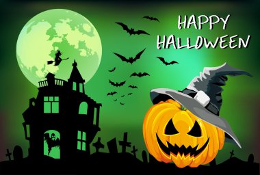 Cadılar Bayramı Balkabağı şapkalı, çocuk illüstrasyon yeşil bir arka plan üzerinde