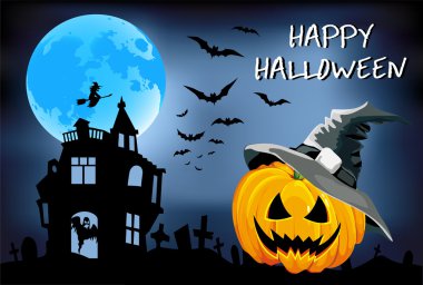 Cadılar Bayramı Balkabağı şapkalı, çocuk illüstrasyon mavi bir arka plan üzerinde