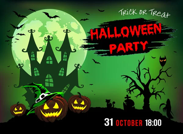 Convite para uma festa Halloween, três abóboras, ilustração, cartaz — Vetor de Stock