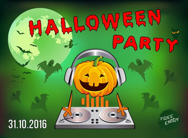 Cadılar Bayramı Balkabağı kulaklıklarla, bebeğim illüstrasyon yeşil bir arka plan üzerinde