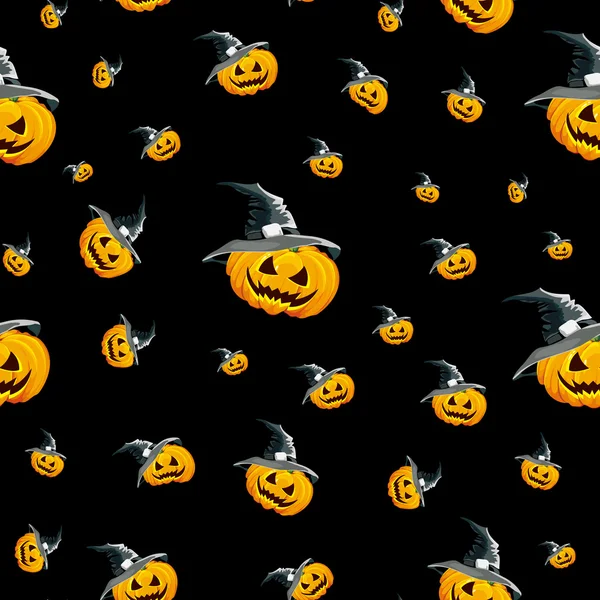 Seamless background for the holiday Halloween pumpkin in the hat, color black. — Stock vektor