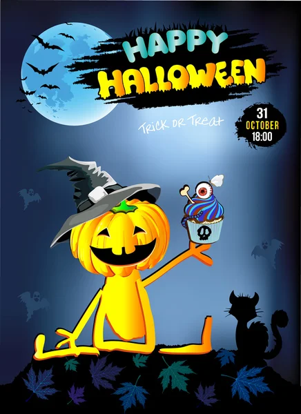 Mutlu Cadılar Bayramı Balkabağı pastası, kart, Mavi şapkalı.