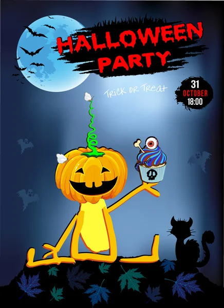 Invitation to a party Halloween pumpkin fun with Cake, card, blue. — Stock vektor