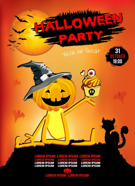 Komik kabak pasta, arka plan turuncu ile şapkalı bir Cadılar Bayramı partisine davet.