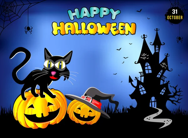 Happy Halloween, funny cat sitting on a pumpkin, blue background. — Stock vektor