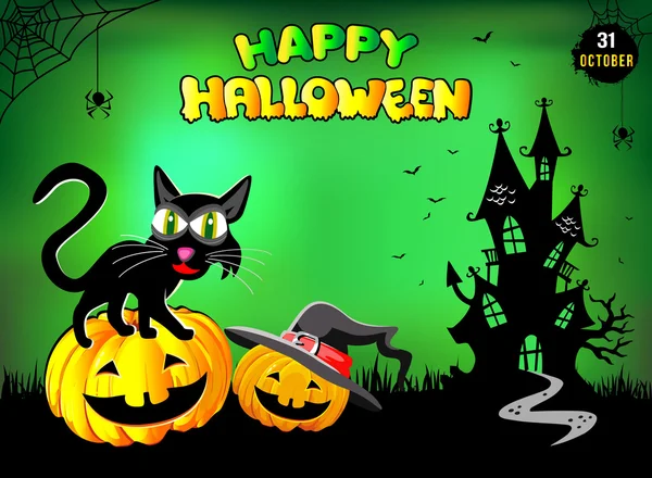 Joyeux Halloween, chat drôle assis sur une citrouille, fond vert . — Image vectorielle