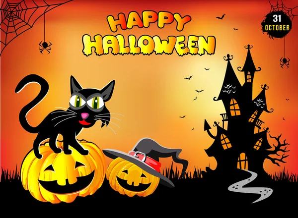 Mutlu Cadılar Bayramı, kabak, turuncu bir arka plan üzerinde oturan komik kedi.