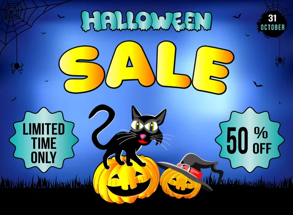 Cadılar Bayramı, bir tanem, ürünler, mavi arka plan satışı oturan komik kedi.