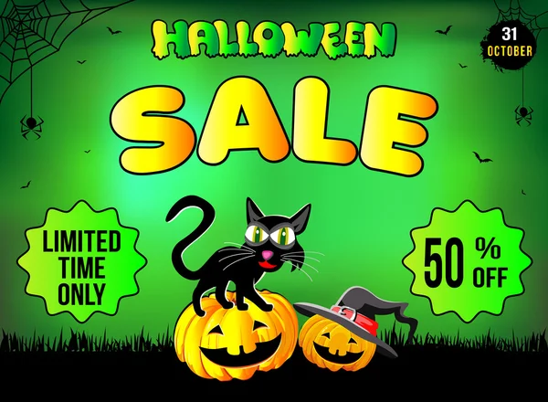 Cadılar Bayramı, bir tanem, mal, yeşil arka plan satışı oturan komik kedi.