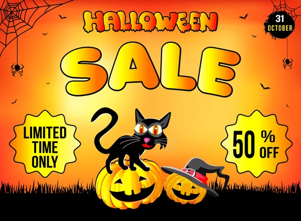 Cadılar Bayramı, bir tanem, ürünler, turuncu arka plan satışı oturan komik kedi.