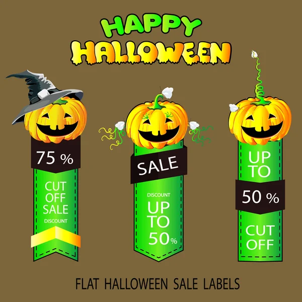 Cadılar Bayramı illüstrasyon. Etiketler, etiket düz kümesi. Düzenlenebilir dosya. Yeşil. Satış, indirimler ve teklifler.