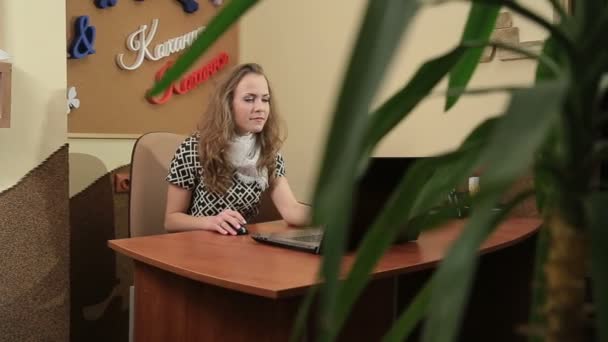 Busy young business woman working at desk typing on a laptop — Stock Video