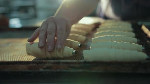 Pastry has stainless steel tubes inside, help keep shape, also for stuffing. — Stockvideo