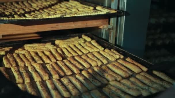 Las manos femeninas de panadero empujan la bandeja con palos largos horneados pastelería de nuevo en rack . — Vídeos de Stock