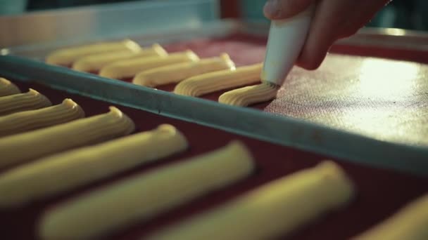Beredning av traditionella franska choux, profiteroler, pressning från röret på brickan. — Stockvideo