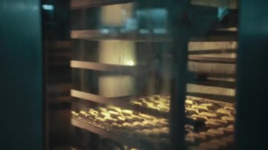 Hamur işi pişirilir, cam kapının arkasındaki tepsilerde yatar, rafları çevirirken....