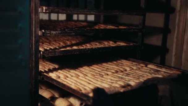 Vrouwelijke bakker haalt pan uit oven met verschillende soorten gebak. — Stockvideo