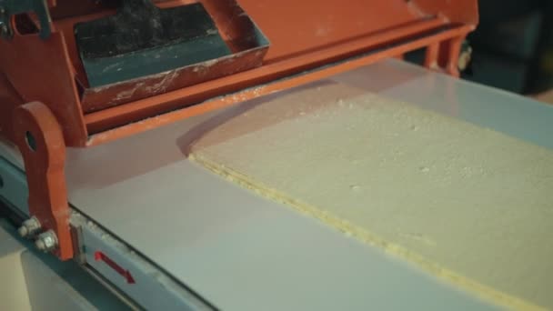 Preparazione dell'impasto per fare la pasta, materiale su trasportatore muovendosi avanti e indietro . — Video Stock