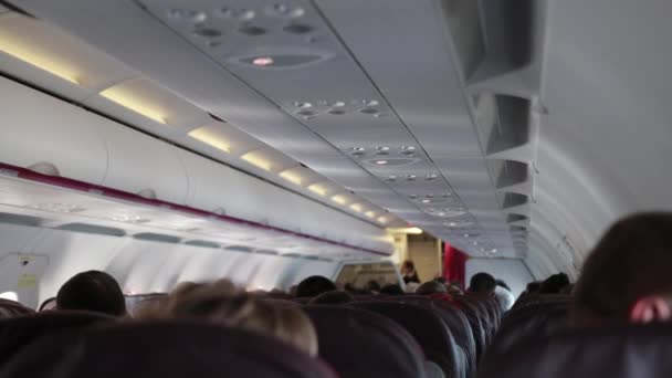 Passengers of economy class sit calmly in cabin of airplane. — Stock Video