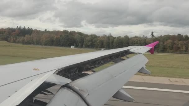 Atterrissage de l'avion sur piste asphaltée près de la forêt avec de beaux arbres . — Video