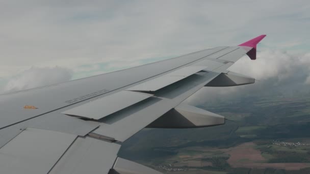 Atemberaubende Aussicht aus dem Flugzeugfenster auf Felder, Wälder, grünen Boden. — Stockvideo