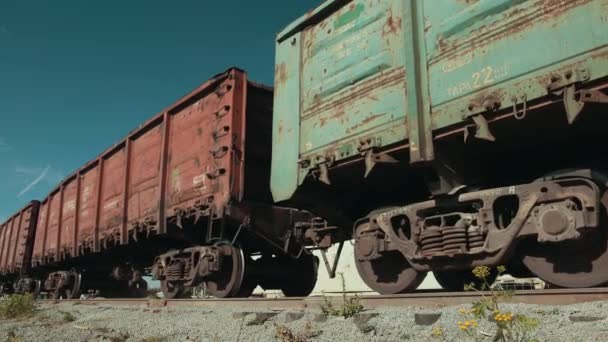 Různé bedny vlaku mohou být viděny, jak se chystají na místo určení. — Stock video