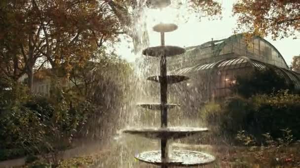 Fuente de la que fluyen gotitas de agua en el hermoso jardín botánico de Europa . — Vídeo de stock