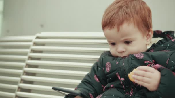 Pequeña linda chica pelirroja comiendo galletas sentada en un banco blanco — Vídeo de stock