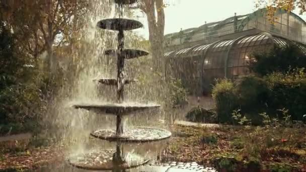 Fuente de la que fluyen gotitas de agua en el hermoso jardín botánico de Europa . — Vídeos de Stock