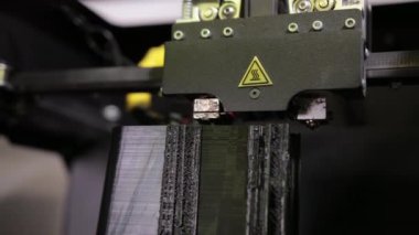 3D technology close up of the printer head printing a plastic part product.