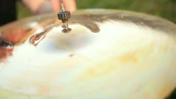 Professional drummer, playing the drum set and cymbals, on street, close-up — Stock Video