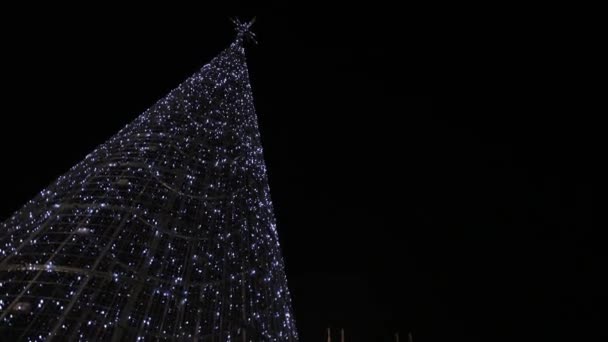 お祝いの照明、ドゥオーモ大聖堂の背景を持つクリスマスツリー — ストック動画