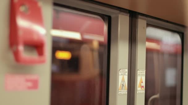 Subway Car Goes To Subway Tunnel. Closed Front Door Of Train. Blurred Background — Stock Video