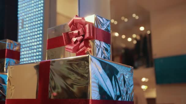 Gift Boxes Of Gold Color With Red Ribbon Are Waiting For Owner, Packed Surprise — Stock Video