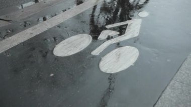 Bisiklet Bir Bisiklet Yolu Boyunca Geçer. Yağmurdan sonra ıslak asfalt. Yol İşaretleri Üzerinde