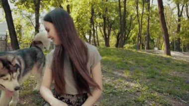Çekici bir sarışın kadın parkta safkan Sibiryalı Husky Köpeğiyle oynuyor.,