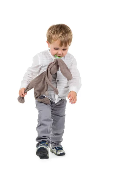 Niño pequeño con peluche animal y chupete — Foto de Stock