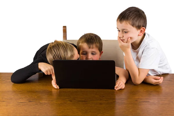Cute Little Boy Looking Laptop While Getting Help His Older Stock Picture